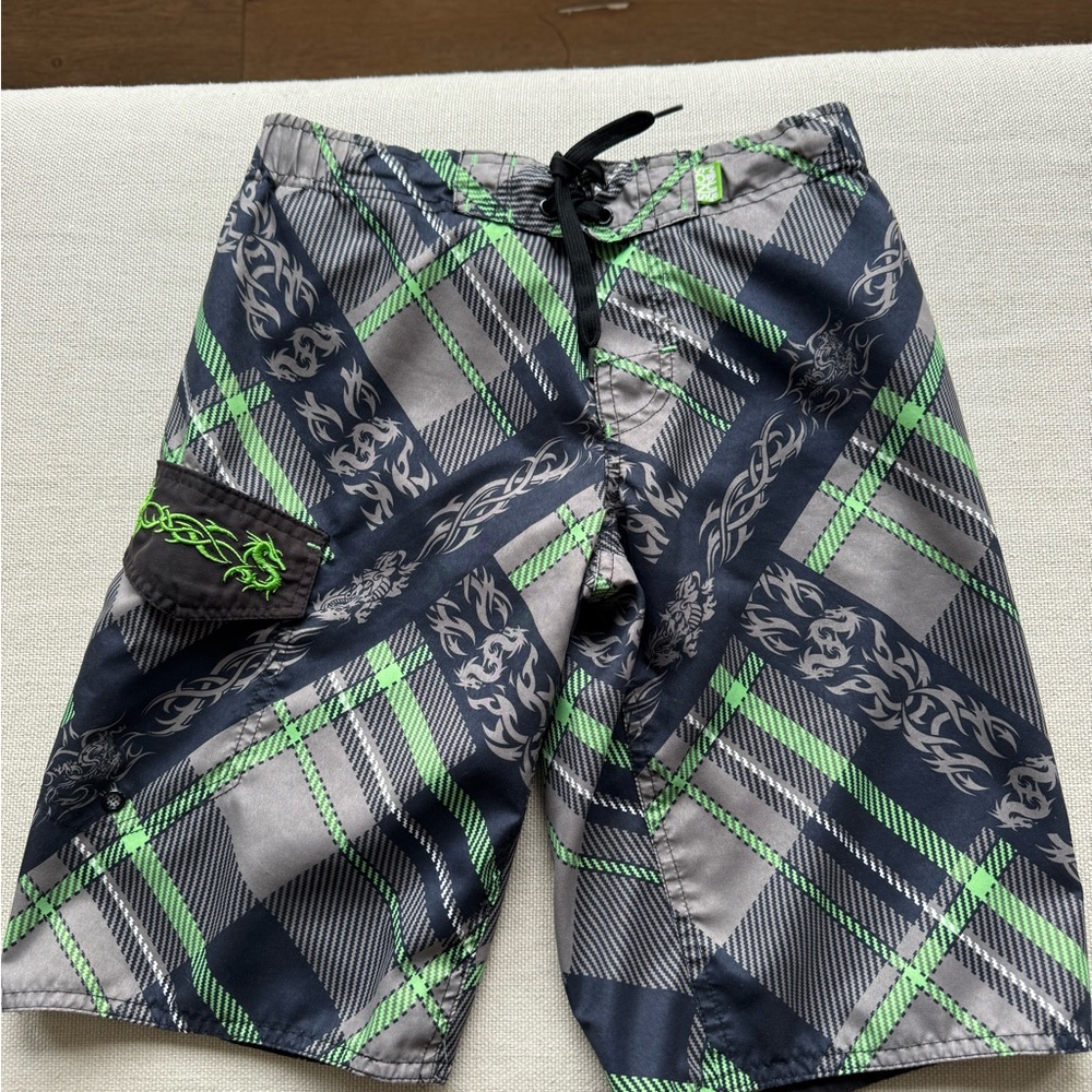 Maui and Sons Gray and Green Swim Trunks